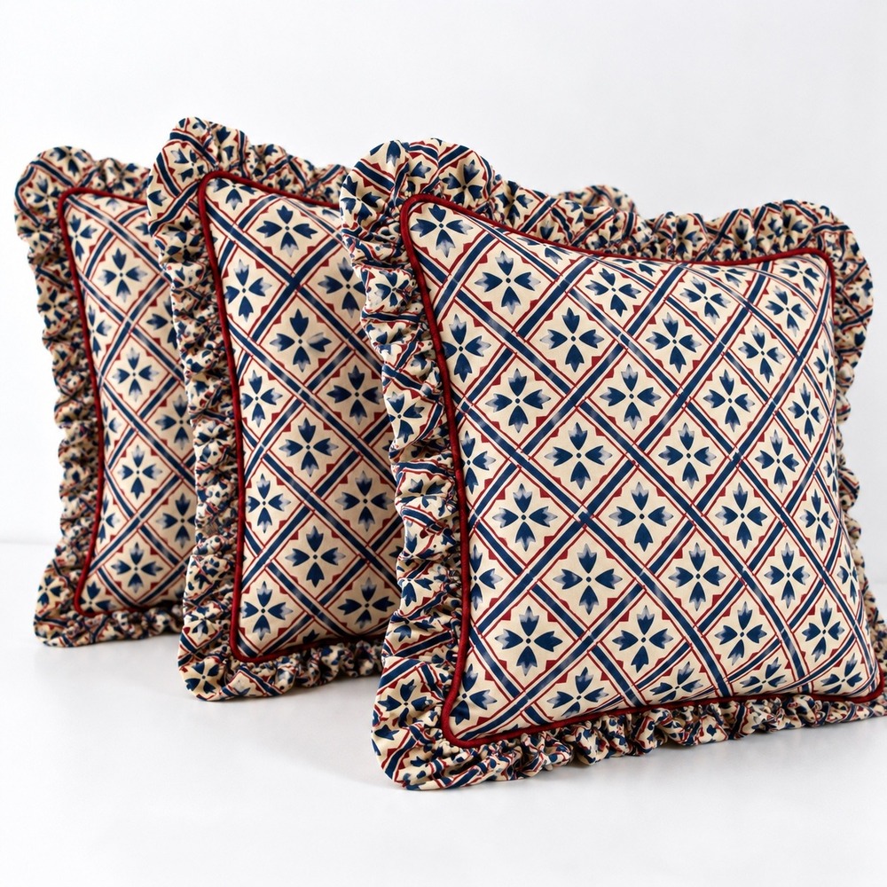Vintage Laura Ashley Pillow Covers Set of 3, 16x16, Americana Cabin Ruffle Trim
